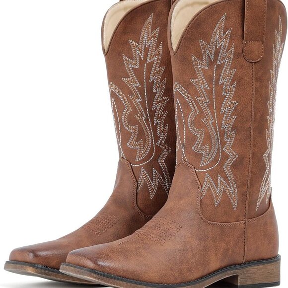 Shoes - Cowboy Boots Women Faux Leather Square Toe Mid Calf Embroidered Western